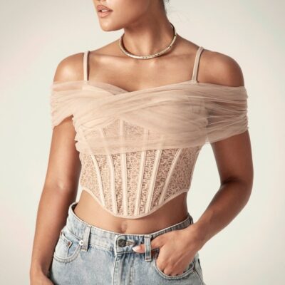 Women Alieva Tops | Paris Lace Off Shoulder Corset Top (Nude)