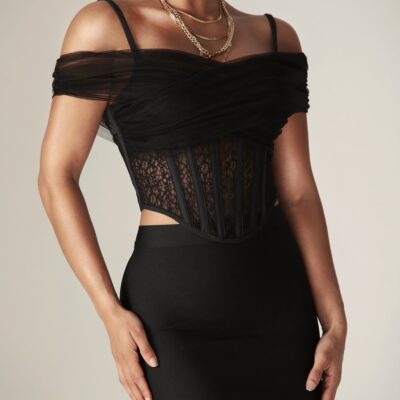 Women Alieva Tops | Paris Lace Off Shoulder Corset Top (Black)